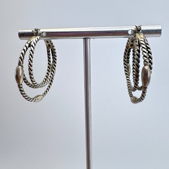 VTG Sterling Silver 925 Twist Design Triple Hoop Earrings Size 1.5" Diameter - Picture 6 of 11